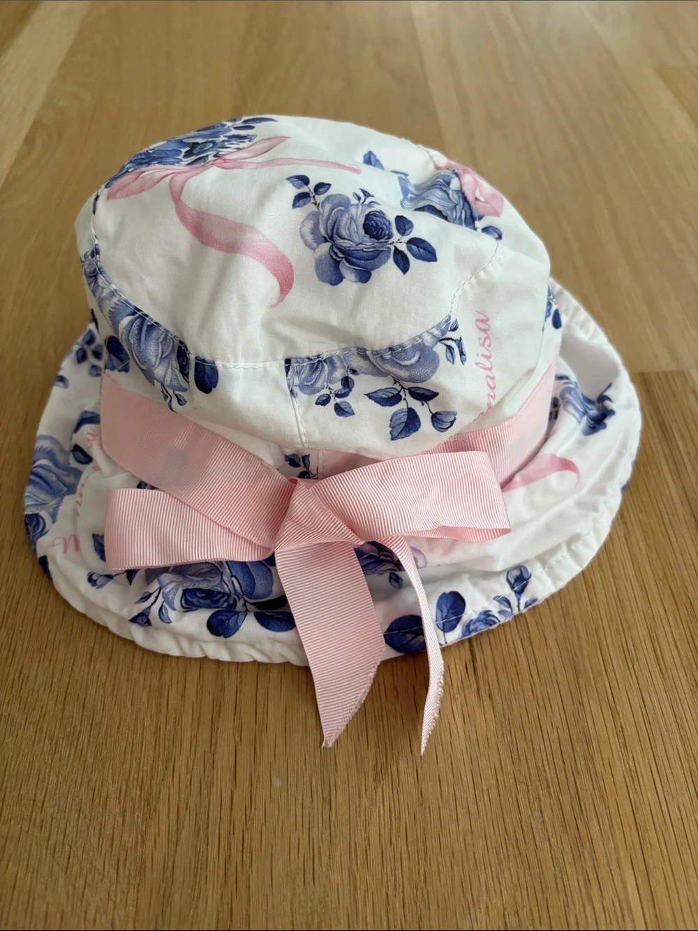 MonnaLisa Blue & White Floral Sun Hat with Pink Eyelet Trim & Pink Bow